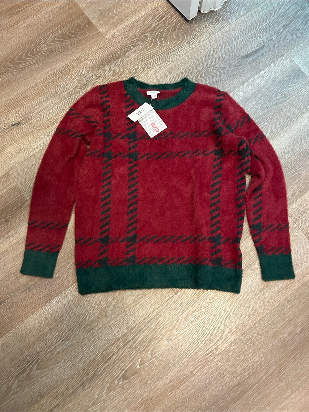 LuLaRoe Red and Dark Green Plaid Crewneck Sweater